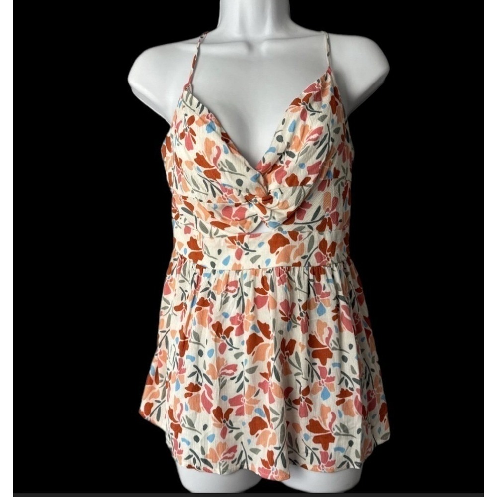 NWT Francesca's Blue Rain Peplum Top‎ Women Large Ivory Floral Twist Front Cami